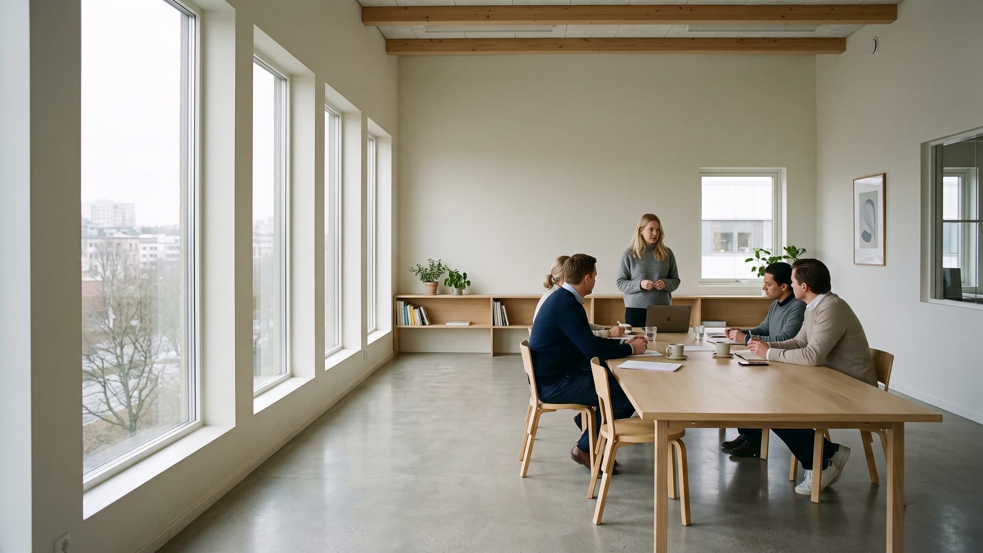 Lyst nordisk møterom med fire kollegaer rundt et langbord