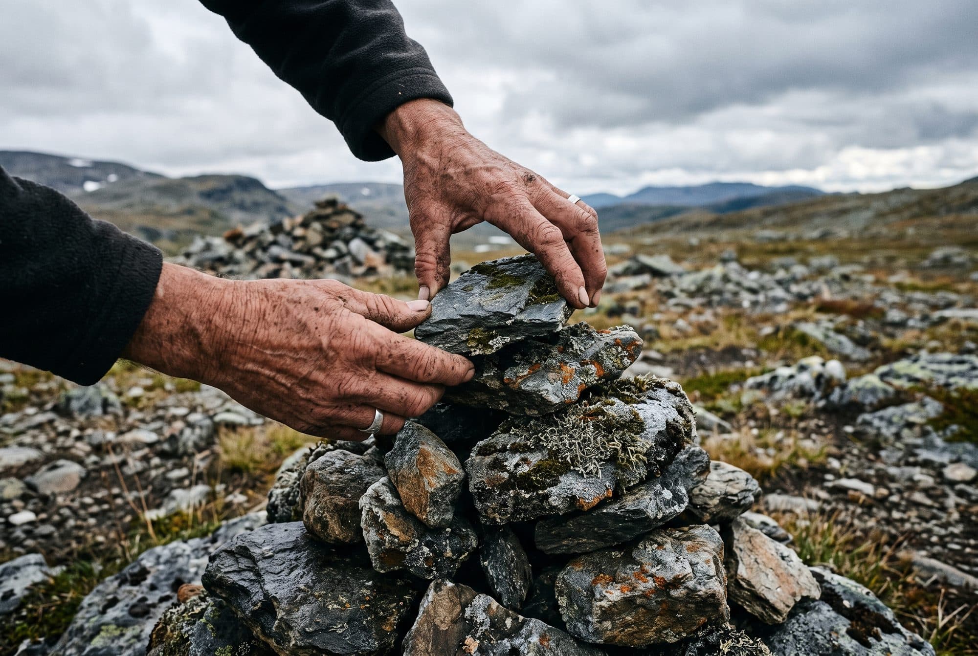 Hender som legger en stein på en varde