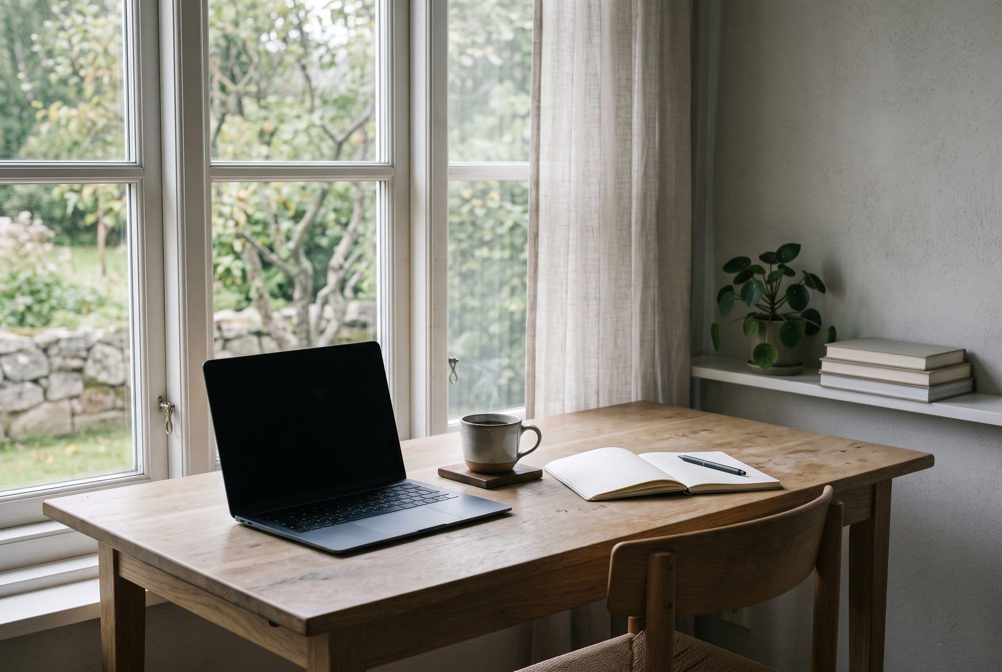 Lukket laptop og en kopp kaffe ved et vindu